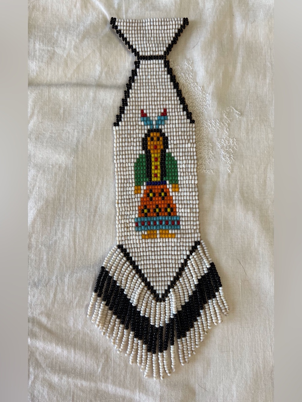 Vintage Handmade Native American Doll Seed Bead Tie 60s70s Bolo Necklace Pendant